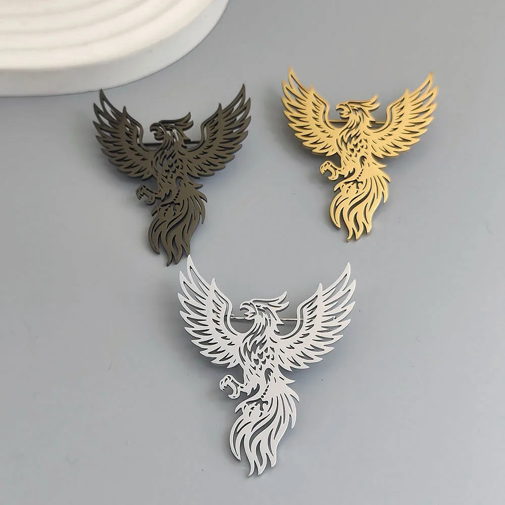 Original design hollow phoenix gold-plated stainless steel brooch, waterproof and non-fading pin, suit accessories
