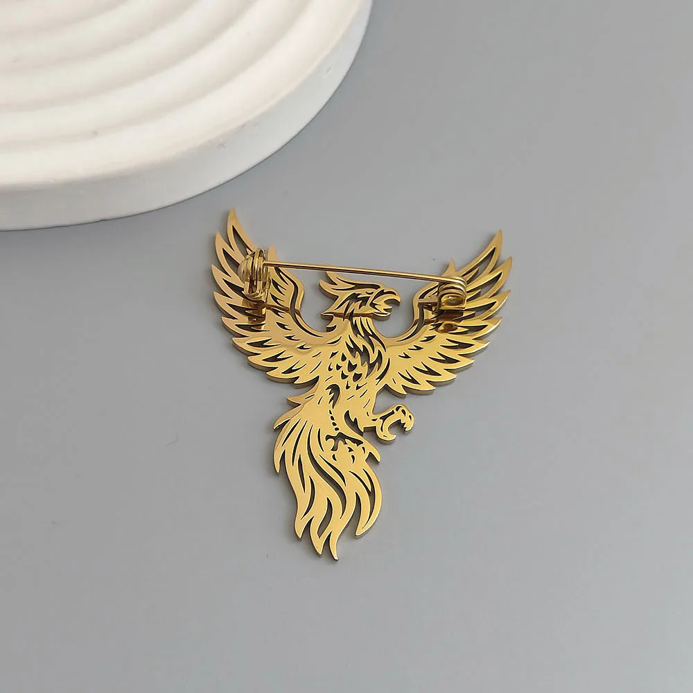 Original design hollow phoenix gold-plated stainless steel brooch, waterproof and non-fading pin, suit accessories