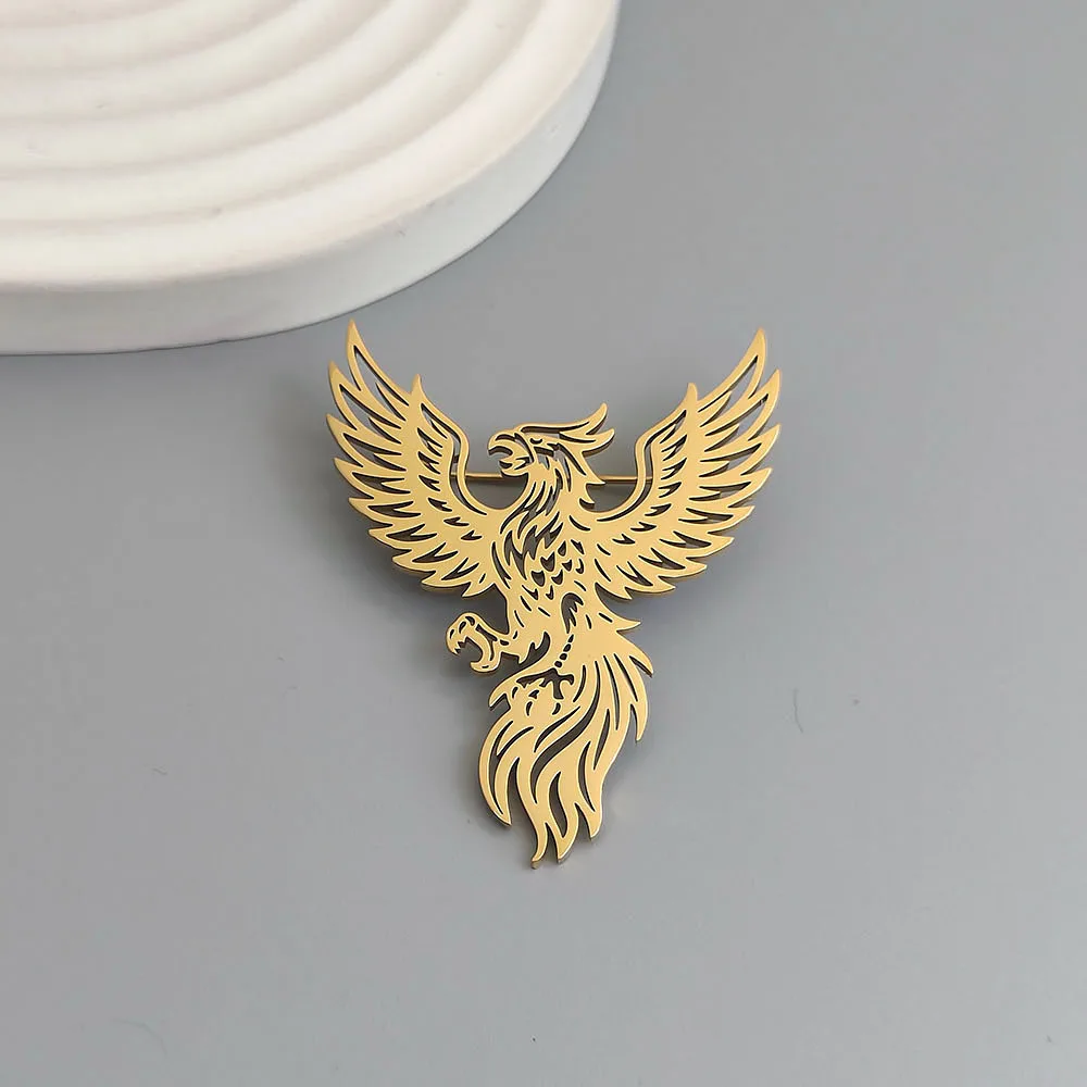 Original design hollow phoenix gold-plated stainless steel brooch, waterproof and non-fading pin, suit accessories