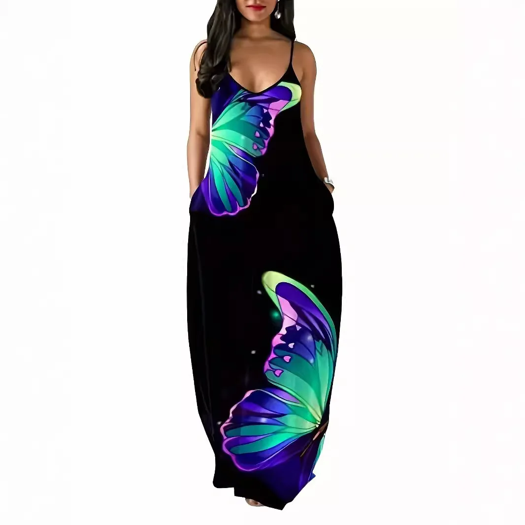 Large size European and American new women's butterfly print sexy V-neck long skirt with suspender dress