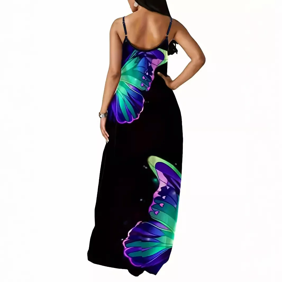Large size European and American new women's butterfly print sexy V-neck long skirt with suspender dress