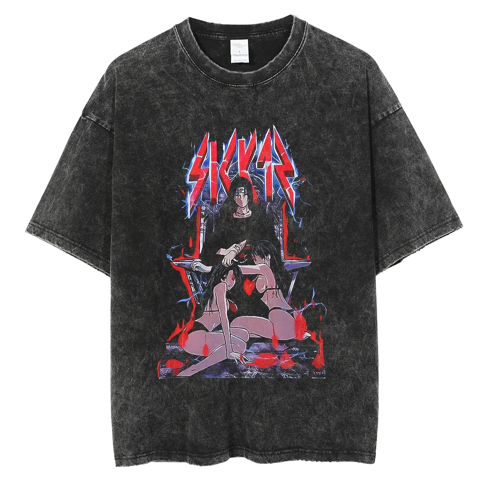 Japanese Anime Naruto Vintage Tshirt Harajuku Streetwear Men Washed T-Shirt Cotton Tops Fashion Summer Short Sleeve Tees Shirts