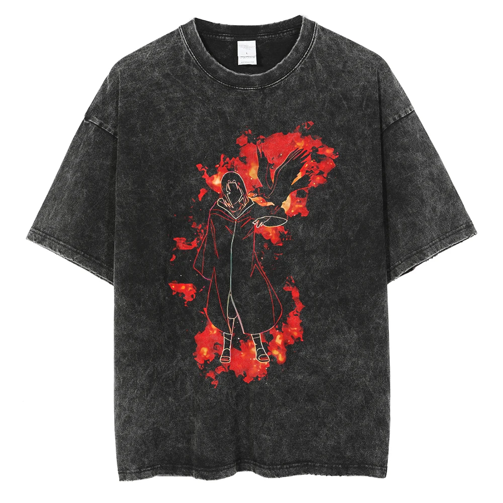 Japanese Anime Naruto Vintage Tshirt Harajuku Streetwear Men Washed T-Shirt Cotton Tops Fashion Summer Short Sleeve Tees Shirts