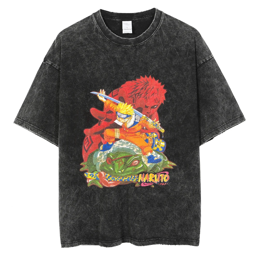Japanese Anime Naruto Vintage Tshirt Harajuku Streetwear Men Washed T-Shirt Cotton Tops Fashion Summer Short Sleeve Tees Shirts
