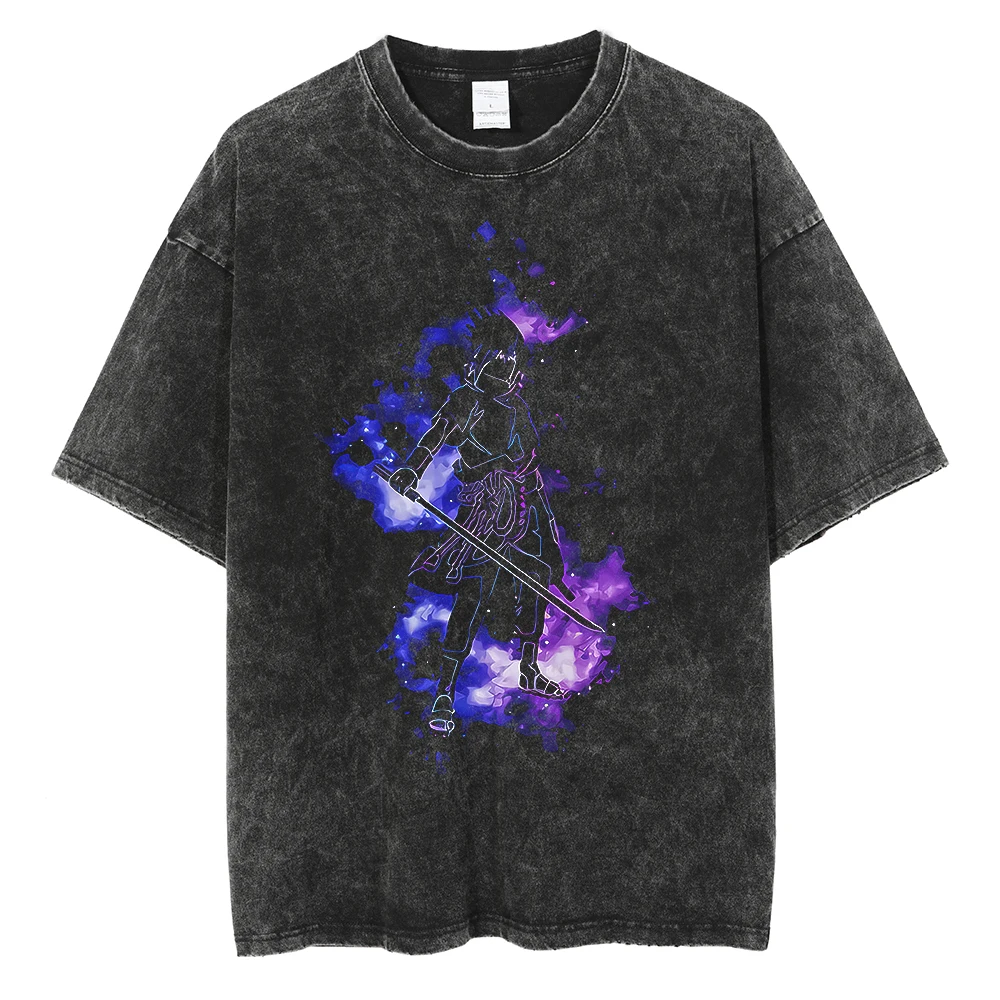 Japanese Anime Naruto Vintage Tshirt Harajuku Streetwear Men Washed T-Shirt Cotton Tops Fashion Summer Short Sleeve Tees Shirts