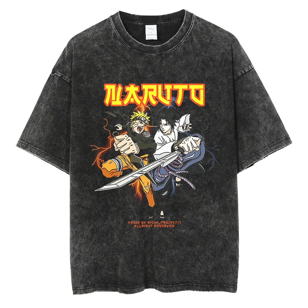 Japanese Anime Naruto Vintage Tshirt Harajuku Streetwear Men Washed T-Shirt Cotton Tops Fashion Summer Short Sleeve Tees Shirts