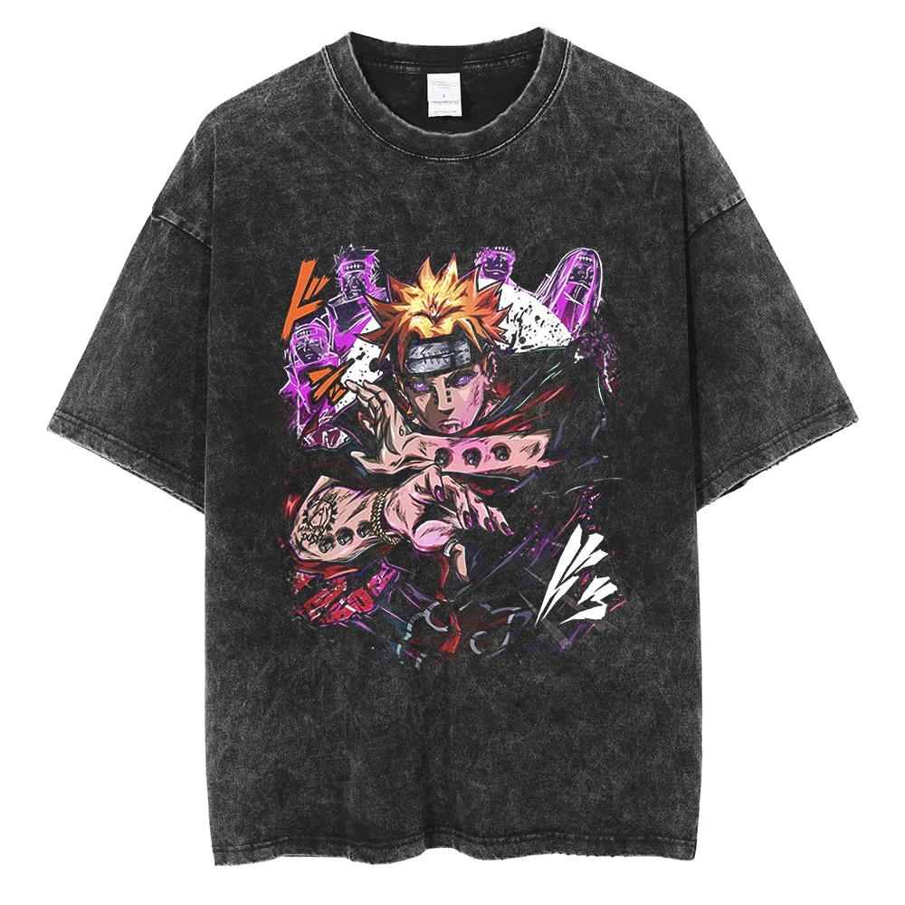 Japanese Anime Naruto Vintage Tshirt Harajuku Streetwear Men Washed T-Shirt Cotton Tops Fashion Summer Short Sleeve Tees Shirts