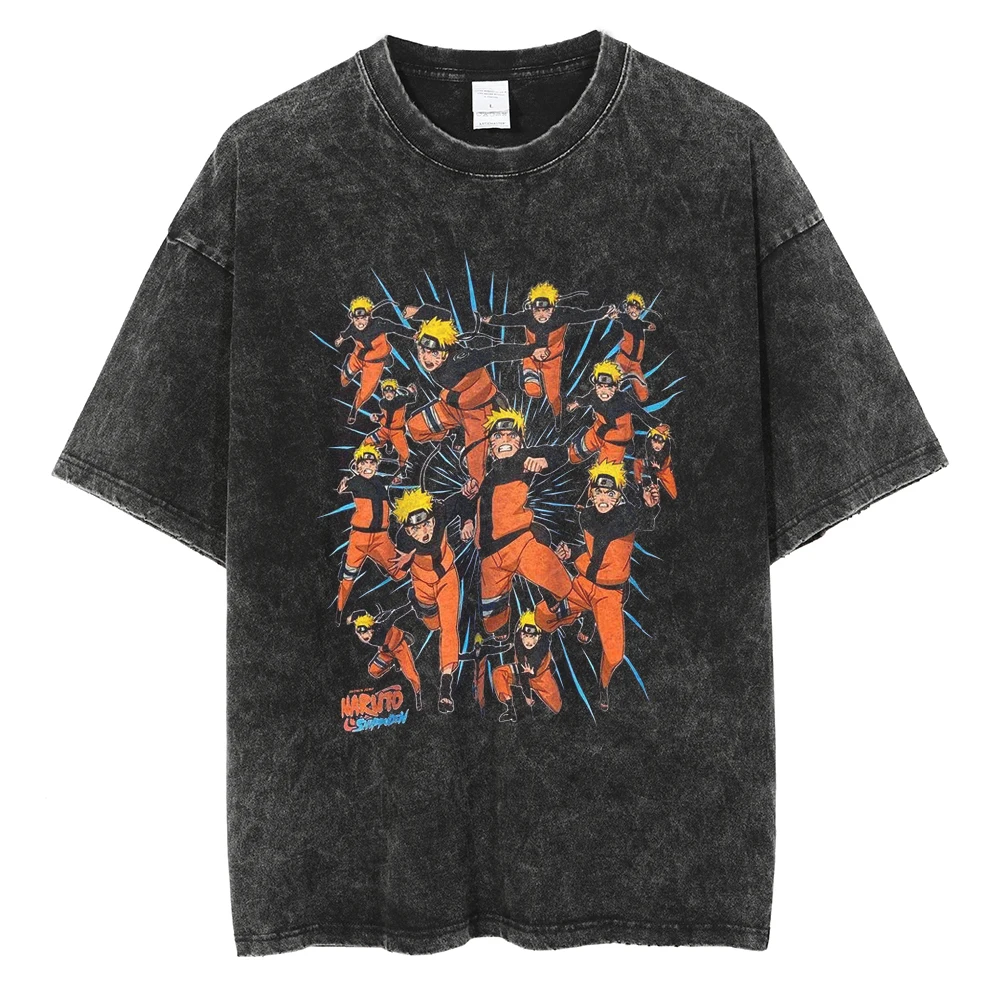 Japanese Anime Naruto Vintage Tshirt Harajuku Streetwear Men Washed T-Shirt Cotton Tops Fashion Summer Short Sleeve Tees Shirts