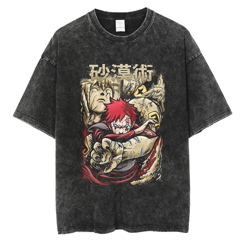 Japanese Anime Naruto Vintage Tshirt Harajuku Streetwear Men Washed T-Shirt Cotton Tops Fashion Summer Short Sleeve Tees Shirts