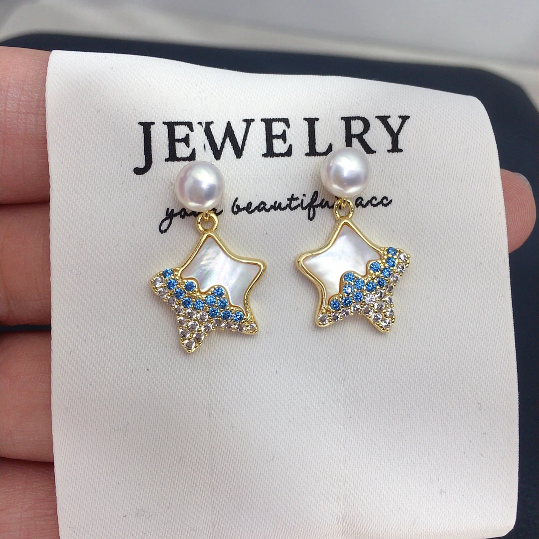 ZHBORUINI Natural Freshwater Pearl Pendant Earrings Cute Style Natural Sea Shell Star Micro Inlaid Zircon Pearl Set