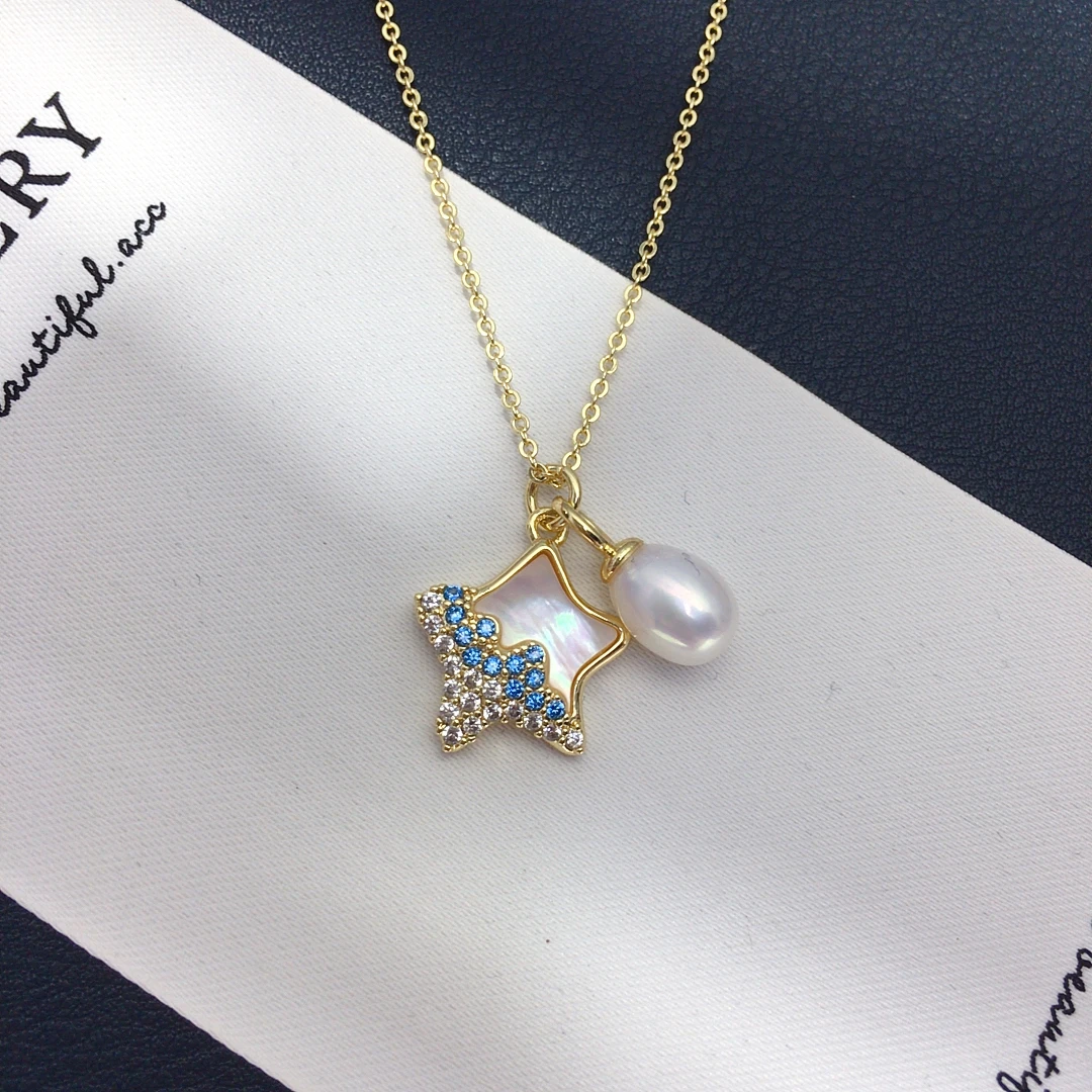 ZHBORUINI Natural Freshwater Pearl Pendant Earrings Cute Style Natural Sea Shell Star Micro Inlaid Zircon Pearl Set