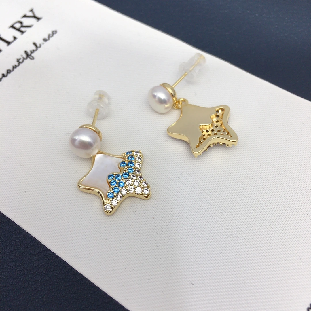 ZHBORUINI Natural Freshwater Pearl Pendant Earrings Cute Style Natural Sea Shell Star Micro Inlaid Zircon Pearl Set