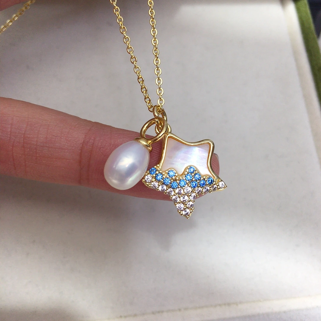 ZHBORUINI Natural Freshwater Pearl Pendant Earrings Cute Style Natural Sea Shell Star Micro Inlaid Zircon Pearl Set
