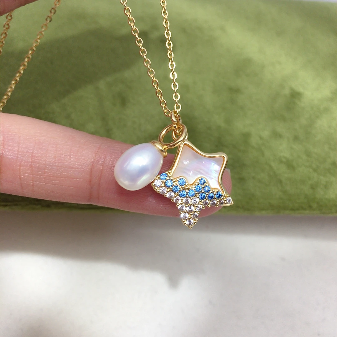 ZHBORUINI Natural Freshwater Pearl Pendant Earrings Cute Style Natural Sea Shell Star Micro Inlaid Zircon Pearl Set