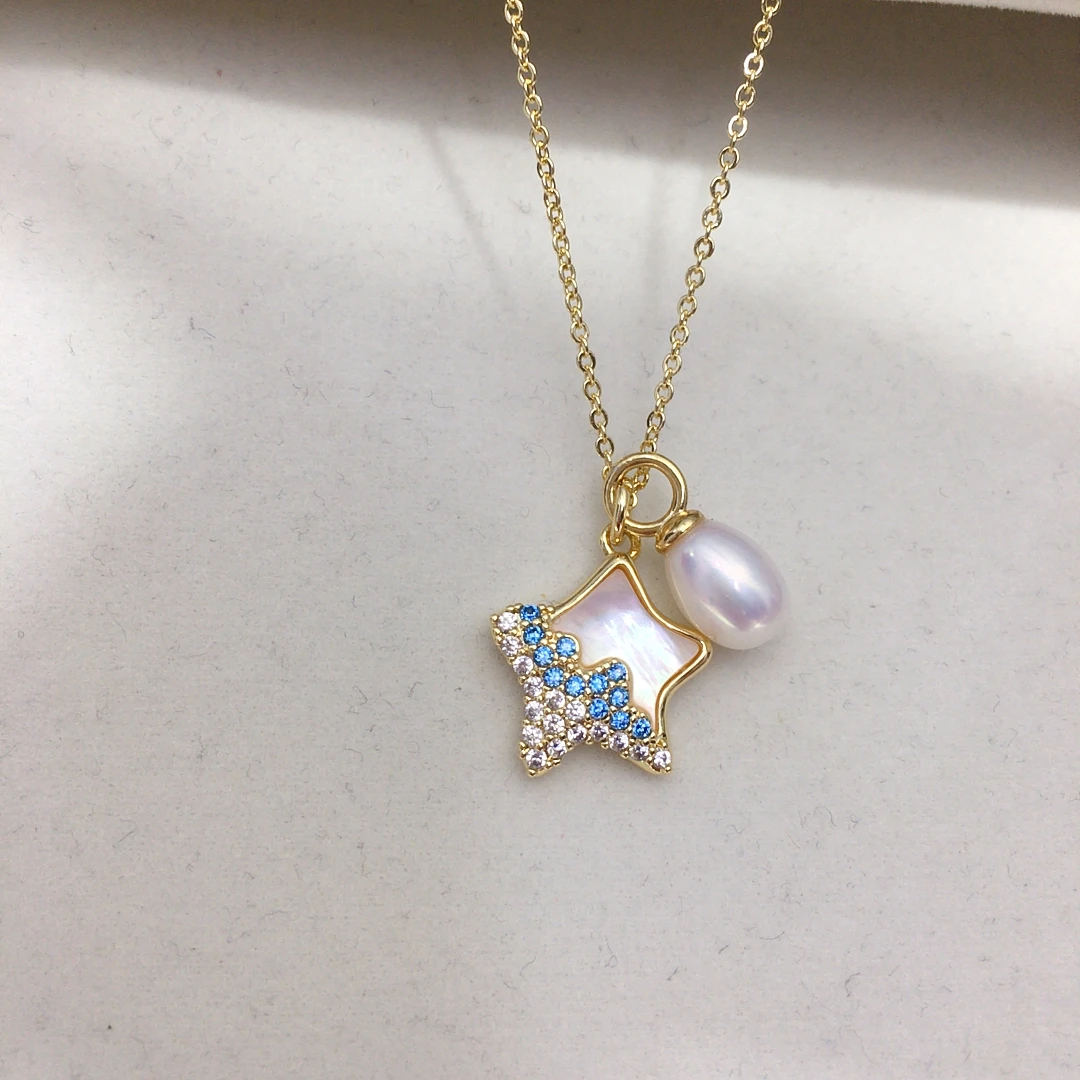 ZHBORUINI Natural Freshwater Pearl Pendant Earrings Cute Style Natural Sea Shell Star Micro Inlaid Zircon Pearl Set