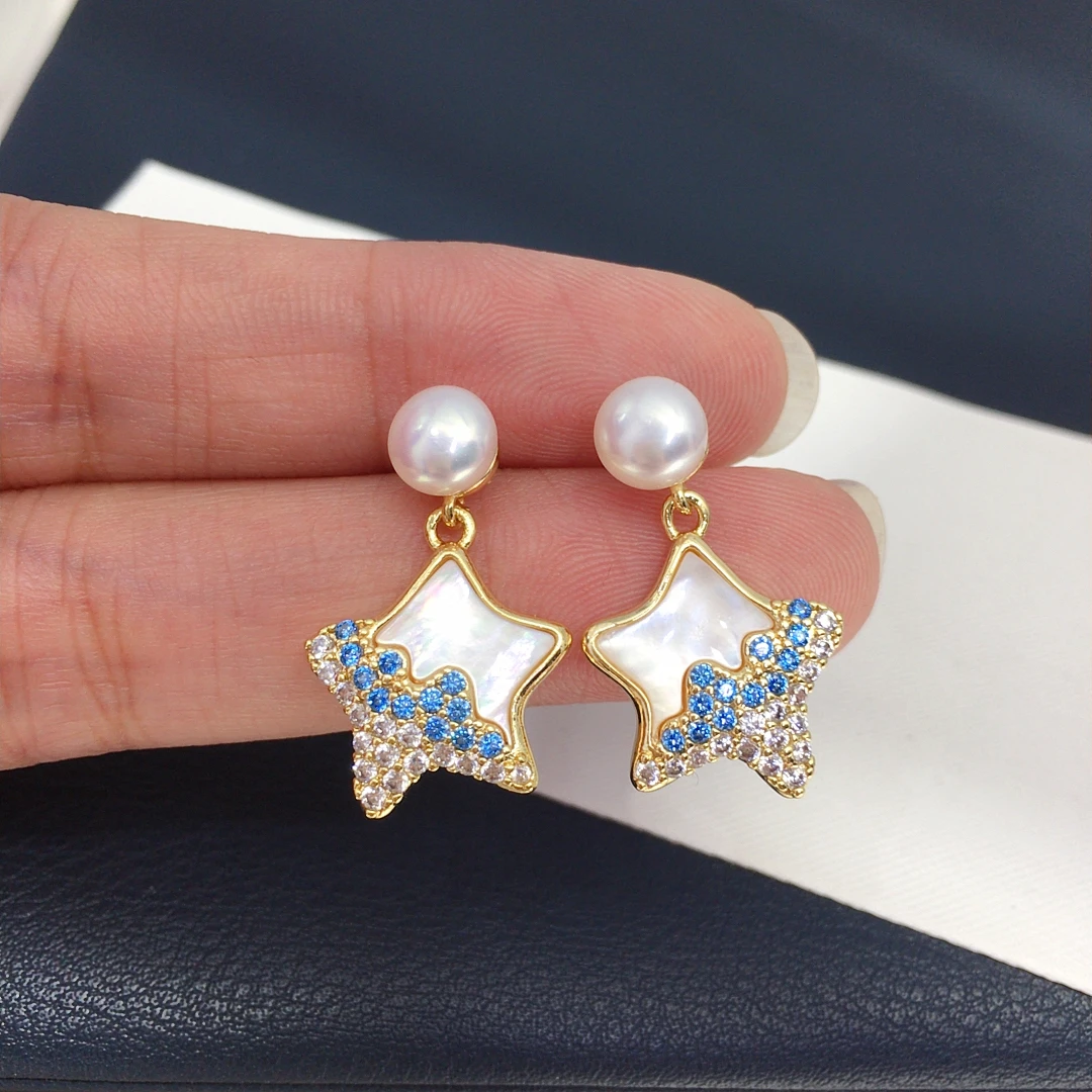ZHBORUINI Natural Freshwater Pearl Pendant Earrings Cute Style Natural Sea Shell Star Micro Inlaid Zircon Pearl Set