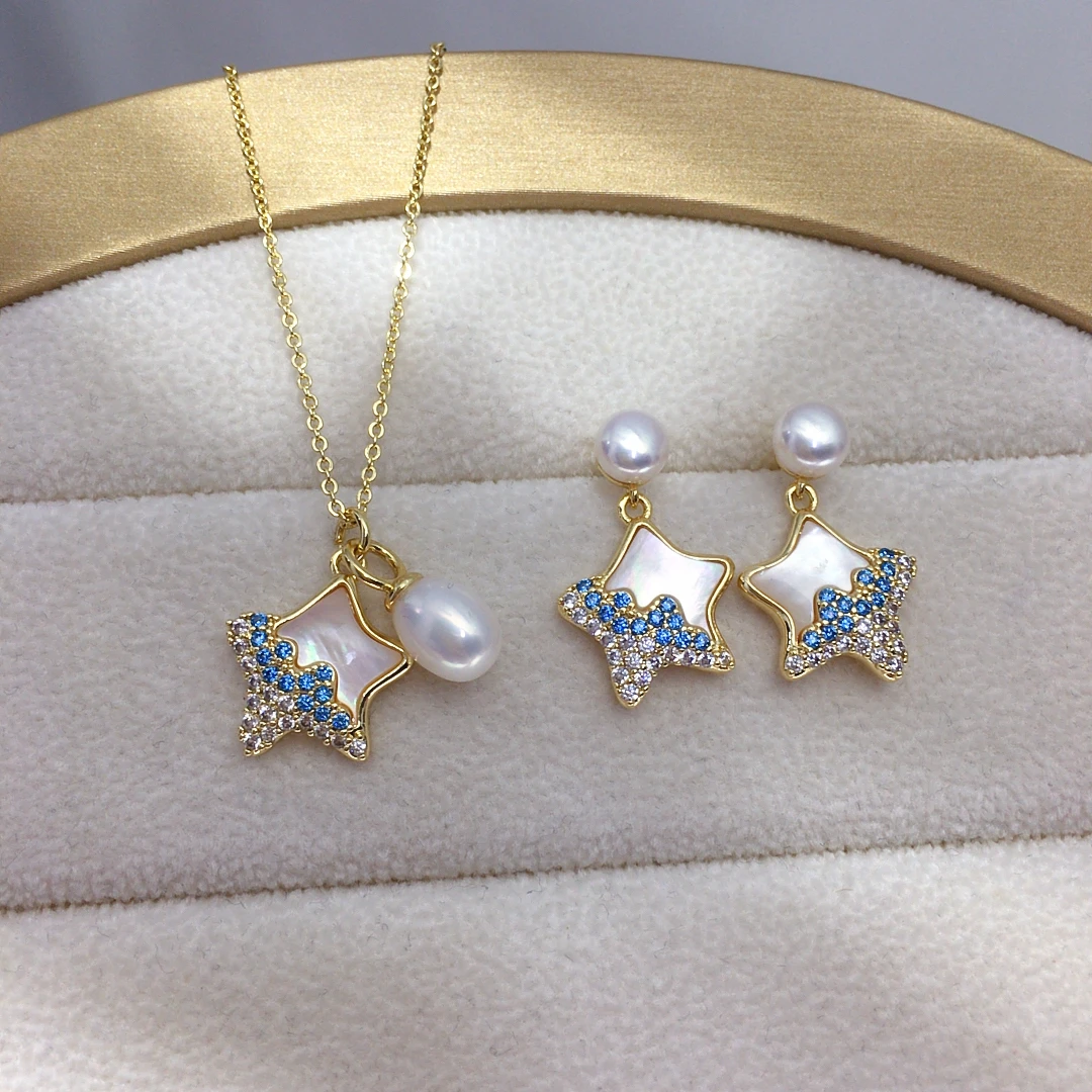 ZHBORUINI Natural Freshwater Pearl Pendant Earrings Cute Style Natural Sea Shell Star Micro Inlaid Zircon Pearl Set