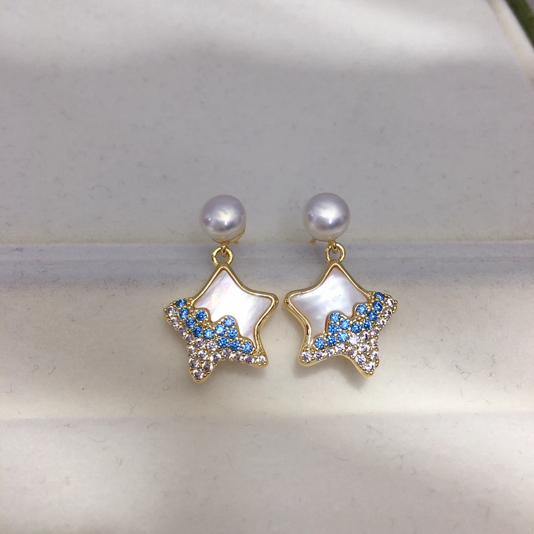 ZHBORUINI Natural Freshwater Pearl Pendant Earrings Cute Style Natural Sea Shell Star Micro Inlaid Zircon Pearl Set
