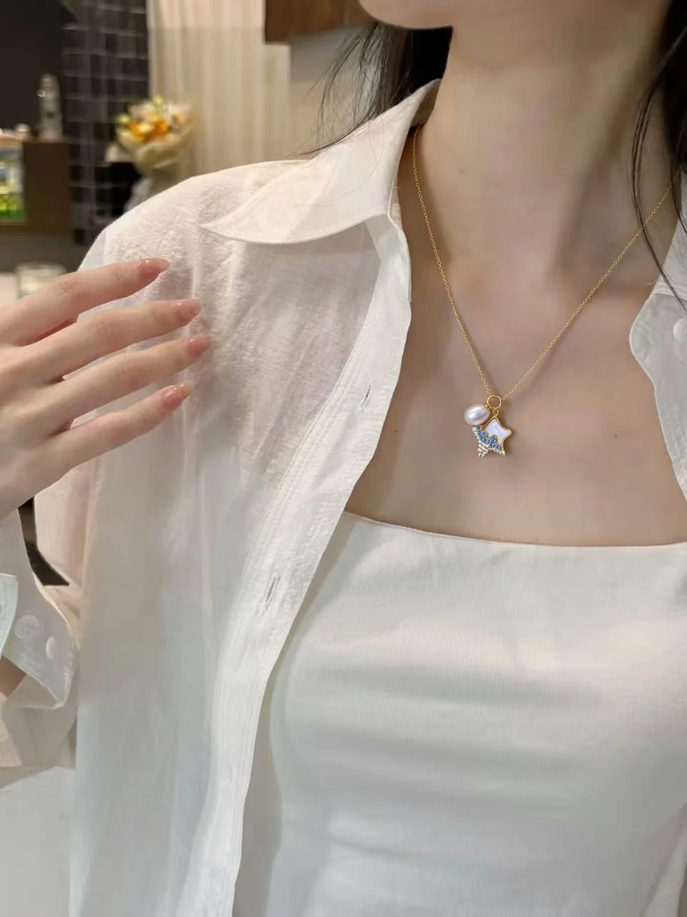 ZHBORUINI Natural Freshwater Pearl Pendant Earrings Cute Style Natural Sea Shell Star Micro Inlaid Zircon Pearl Set
