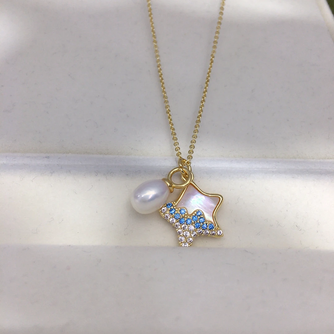 ZHBORUINI Natural Freshwater Pearl Pendant Earrings Cute Style Natural Sea Shell Star Micro Inlaid Zircon Pearl Set