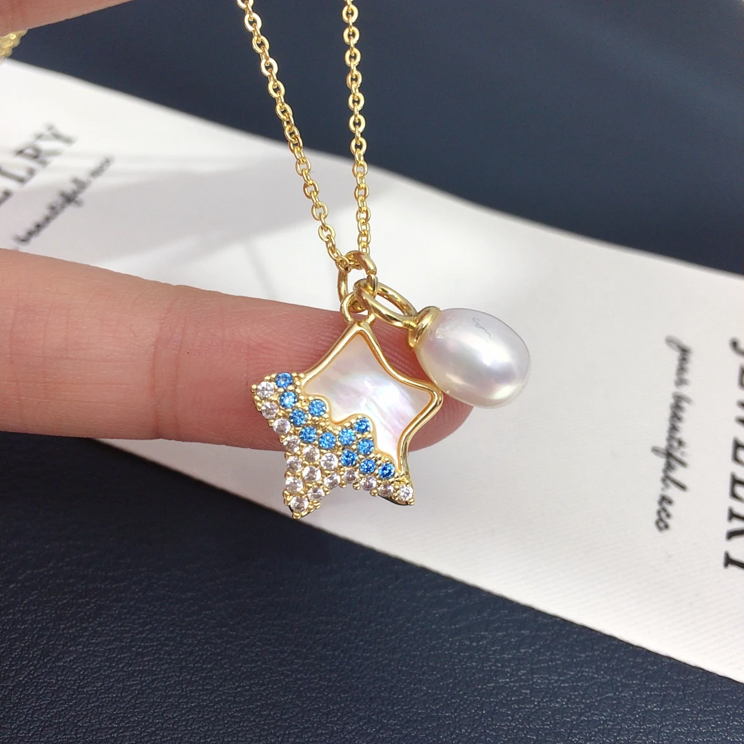 ZHBORUINI Natural Freshwater Pearl Pendant Earrings Cute Style Natural Sea Shell Star Micro Inlaid Zircon Pearl Set