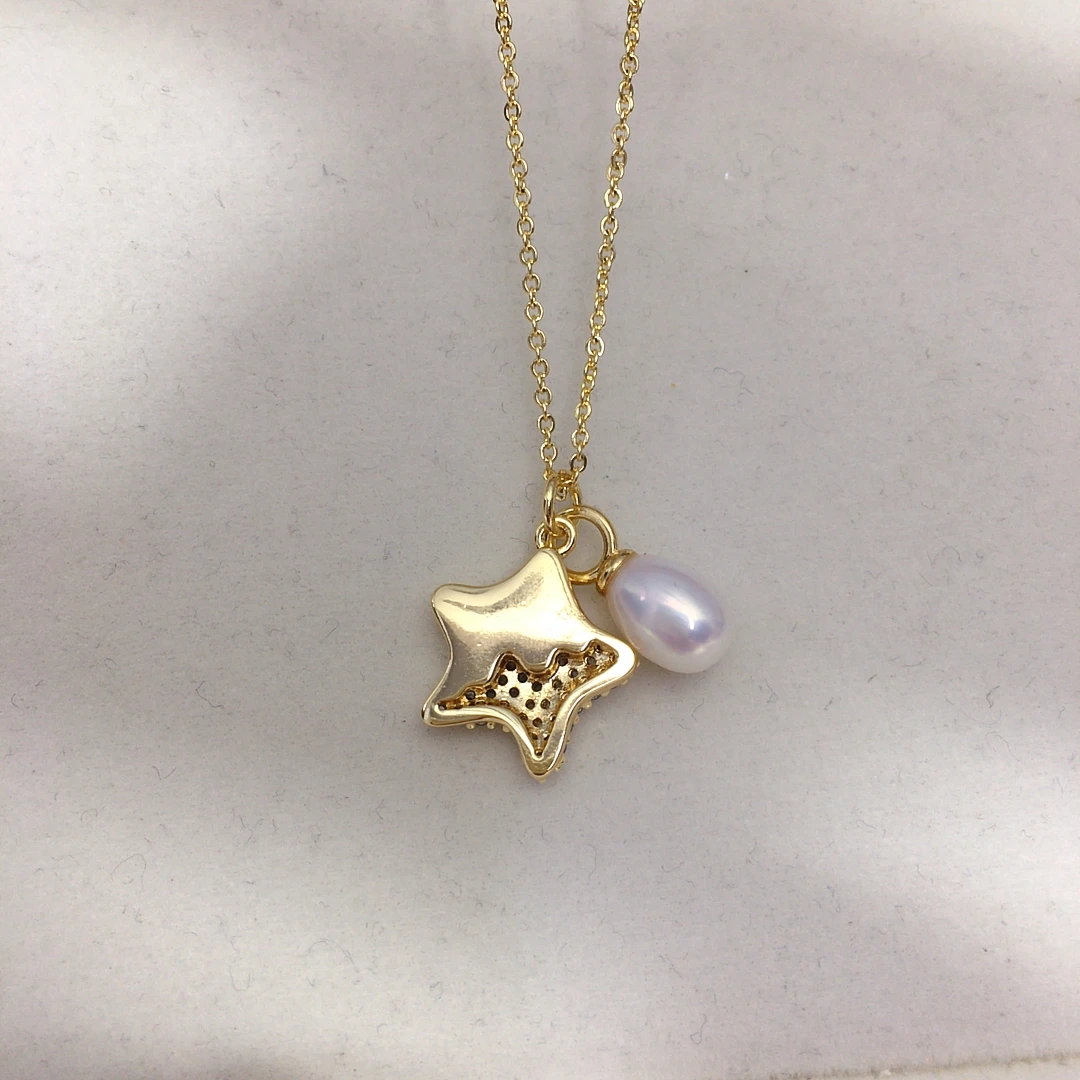 ZHBORUINI Natural Freshwater Pearl Pendant Earrings Cute Style Natural Sea Shell Star Micro Inlaid Zircon Pearl Set