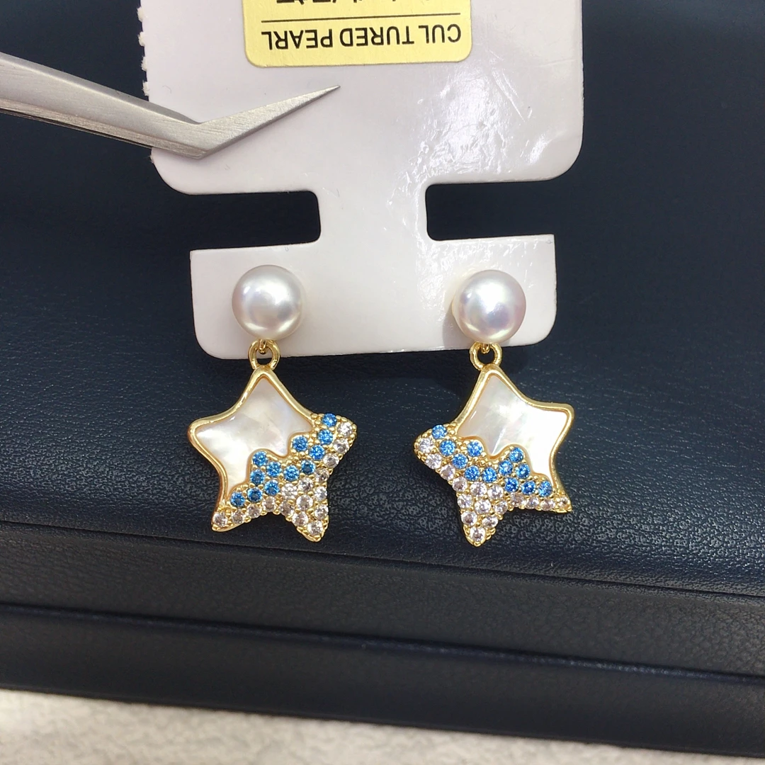 ZHBORUINI Natural Freshwater Pearl Pendant Earrings Cute Style Natural Sea Shell Star Micro Inlaid Zircon Pearl Set