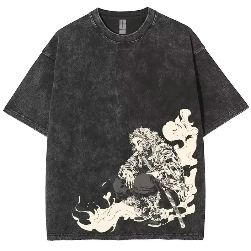 Anime Demon Slayer Graphic T Shirt Men's Clothing Women Washed Short Sleeve Tee Print Streetwear Casual Tops 2026 Summer Fashion