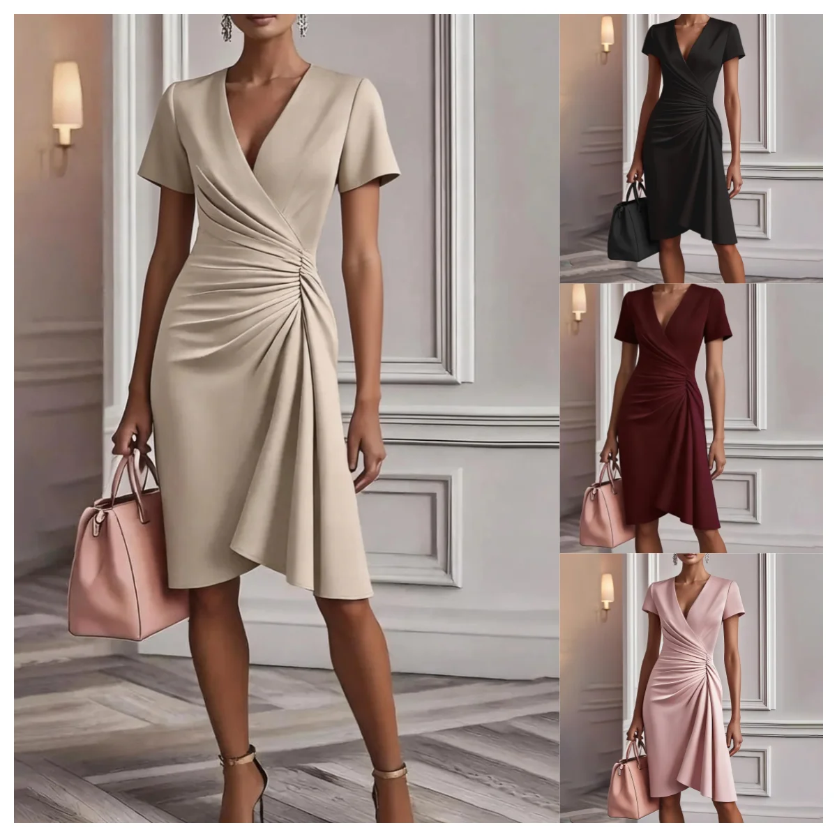 Women's Short Sleeve Wrap Dress Ruched Side Midi Dress Elegant V Neck Party Dress