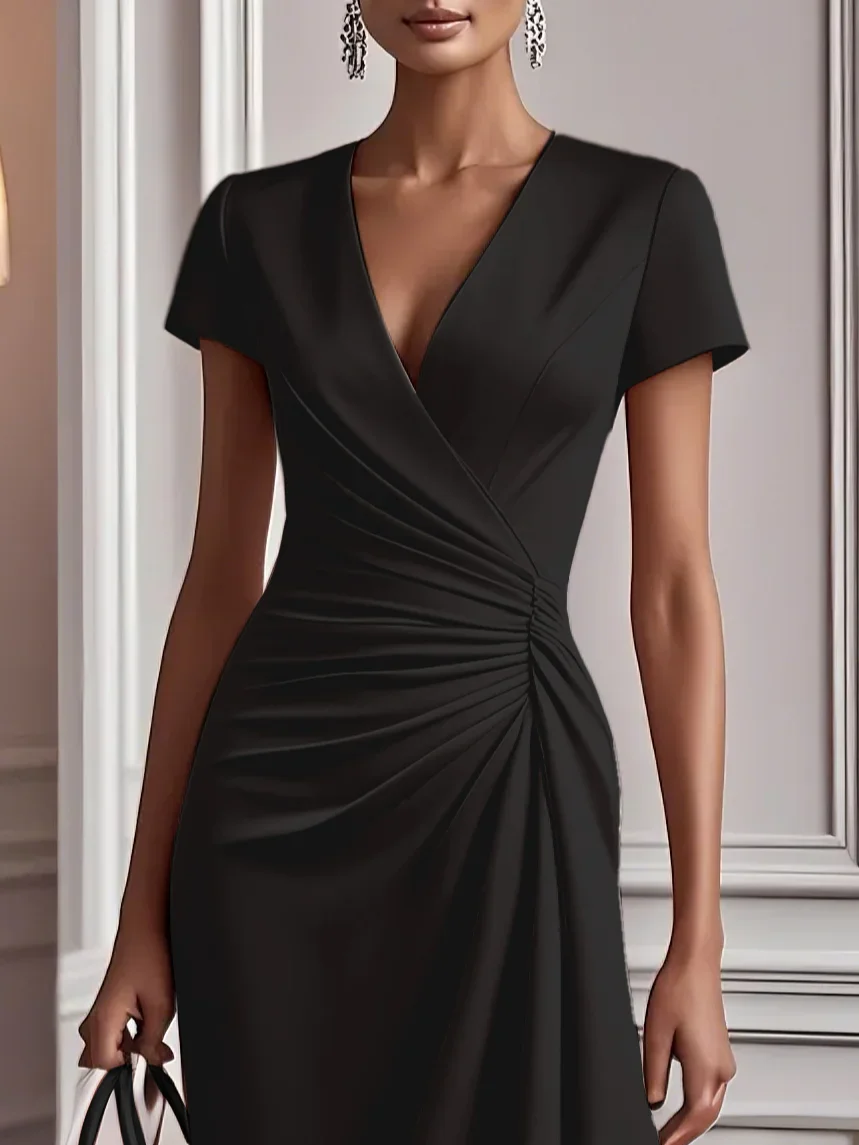 Women's Short Sleeve Wrap Dress Ruched Side Midi Dress Elegant V Neck Party Dress