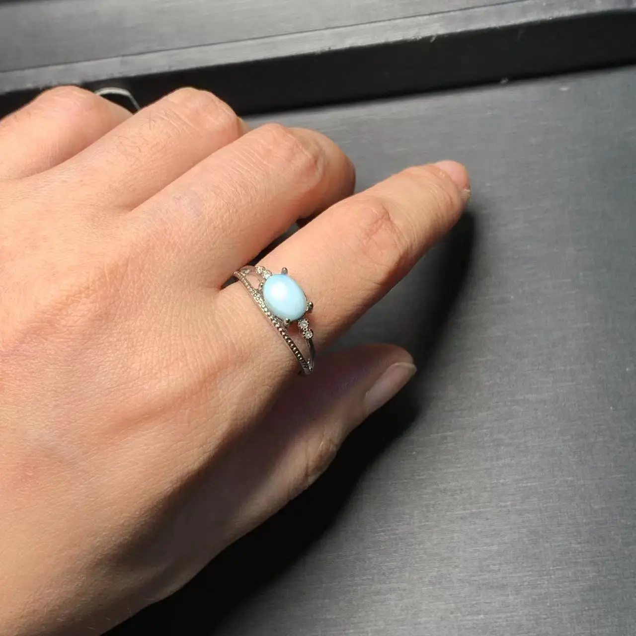 Natural Larimar Ring Adjustable Female Heart ring Jewelry for Women Gift Wholesale High Quality Vintage Fine