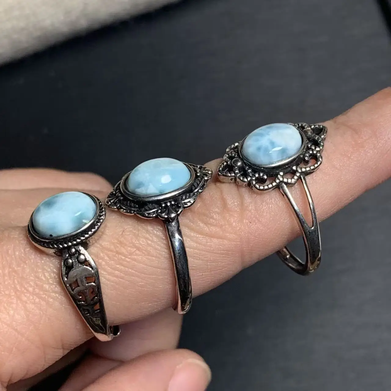 Natural Larimar Ring Adjustable Female Heart ring Jewelry for Women Gift Wholesale High Quality Vintage Fine