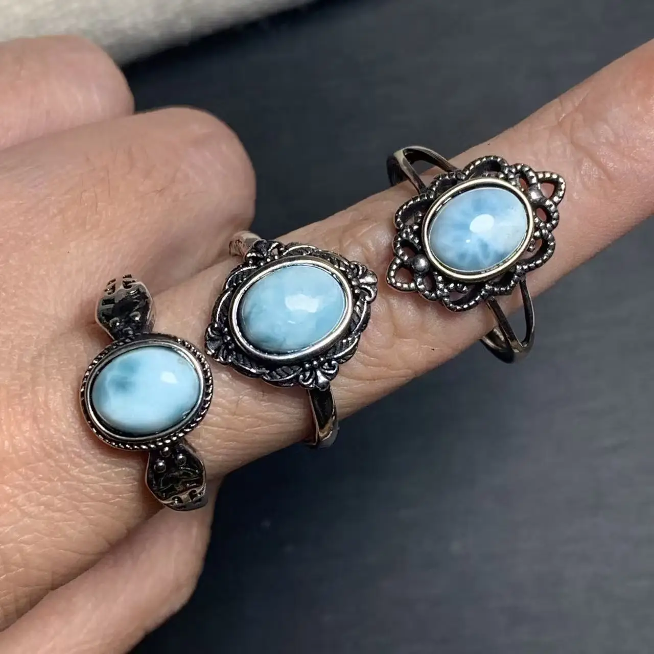 Natural Larimar Ring Adjustable Female Heart ring Jewelry for Women Gift Wholesale High Quality Vintage Fine