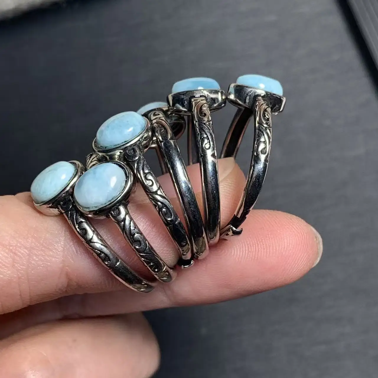 Natural Larimar Ring Adjustable Female Heart ring Jewelry for Women Gift Wholesale High Quality Vintage Fine