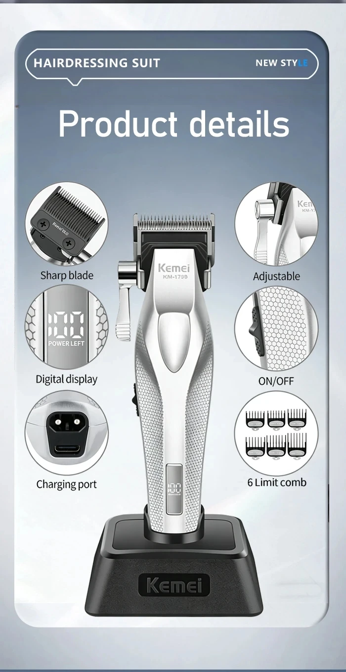 Kemei Baber Professional Hair Clipper Hair Cutting Machine With Charging Base Electric Trimmers For Men Gift KM-1798 3023-702