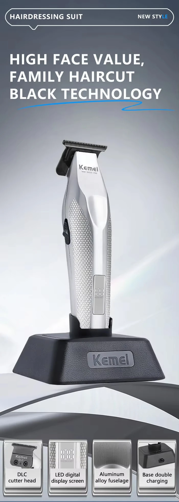 Kemei Baber Professional Hair Clipper Hair Cutting Machine With Charging Base Electric Trimmers For Men Gift KM-1798 3023-702