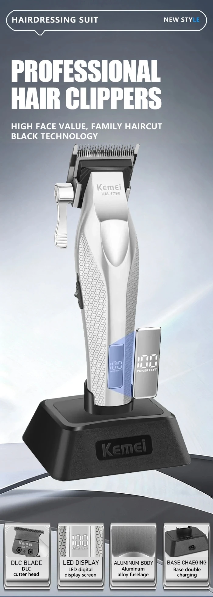Kemei Baber Professional Hair Clipper Hair Cutting Machine With Charging Base Electric Trimmers For Men Gift KM-1798 3023-702
