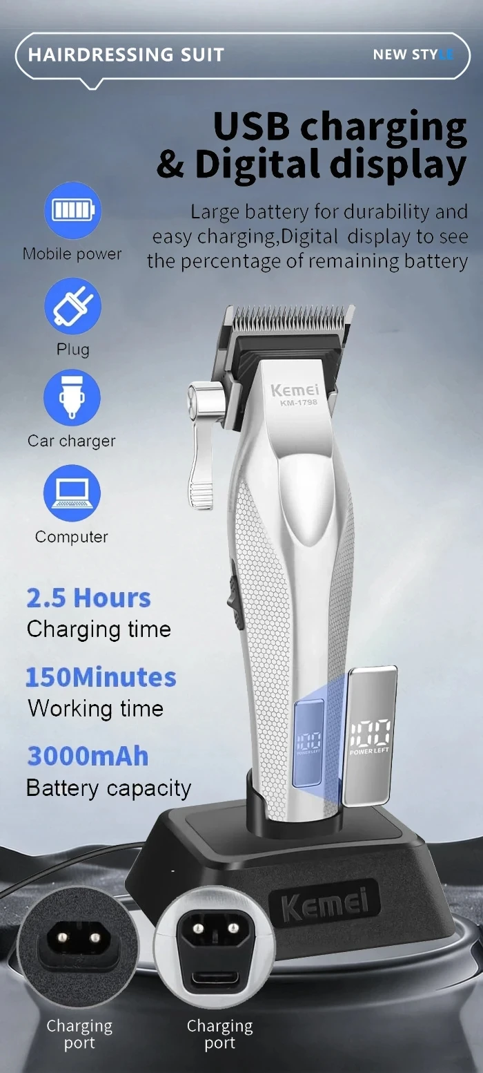 Kemei Baber Professional Hair Clipper Hair Cutting Machine With Charging Base Electric Trimmers For Men Gift KM-1798 3023-702