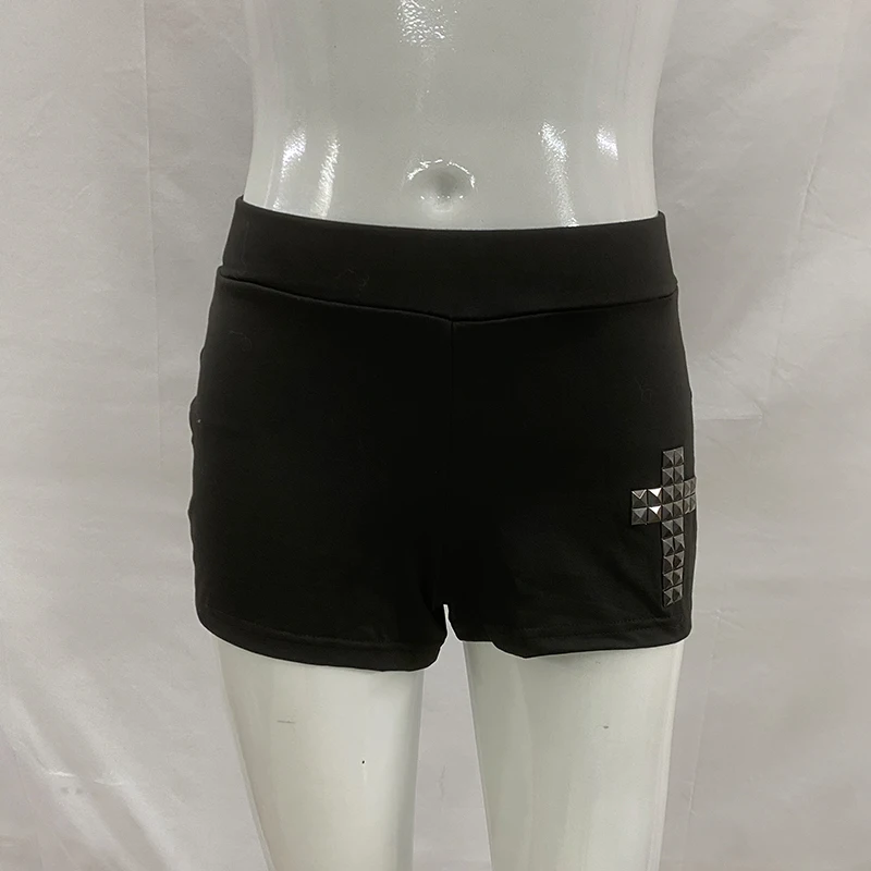 American Gothic Cross Rhinestone Decoration Low Waist Sexy Hot Pants Summer Casual Street Shorts Aesthetic Simple Slim Minipants
