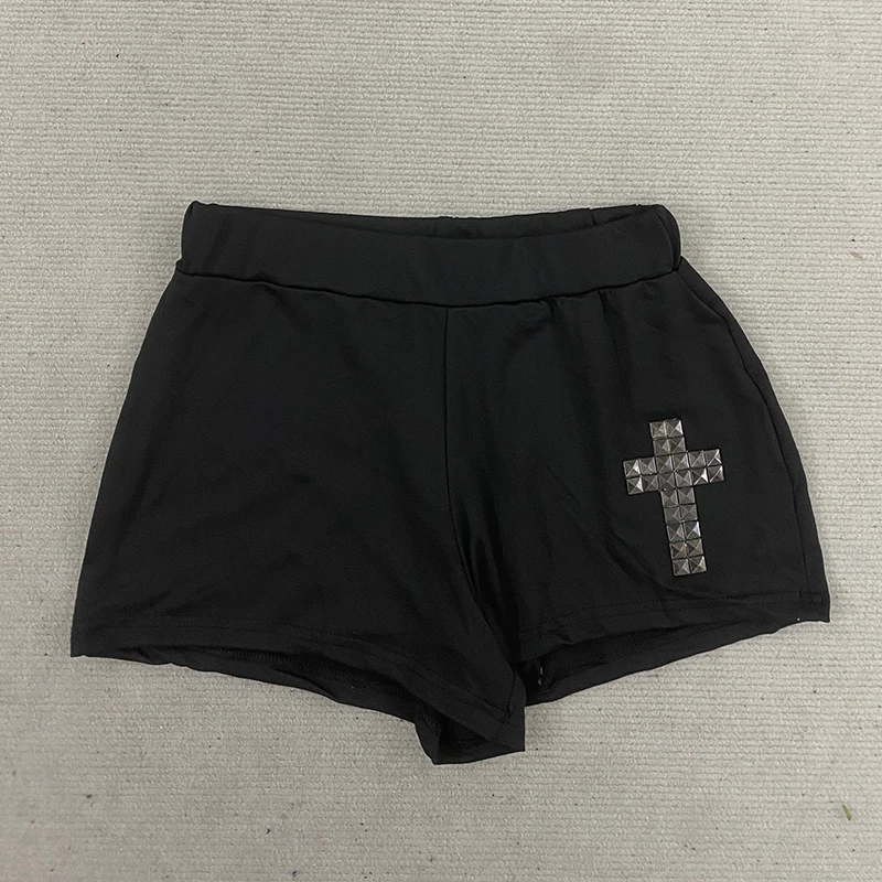 American Gothic Cross Rhinestone Decoration Low Waist Sexy Hot Pants Summer Casual Street Shorts Aesthetic Simple Slim Minipants