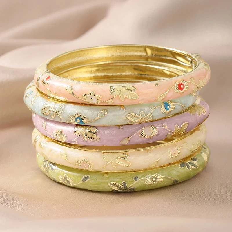 Jardme 5Pcs Enamel Dropped Glaze Flower Bracelet For Women Classic Vintage Cloisonne Open Bangles Elegant Bohemian Jewelry Gifts