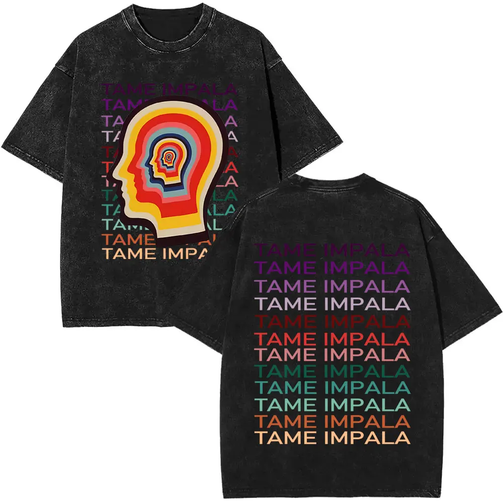 Washed Vintage Pop Rock Band Tame Impala Currents Graphic Print T Shirt Men's Women Casual Cotton Oversized Short Sleeve T-shirt