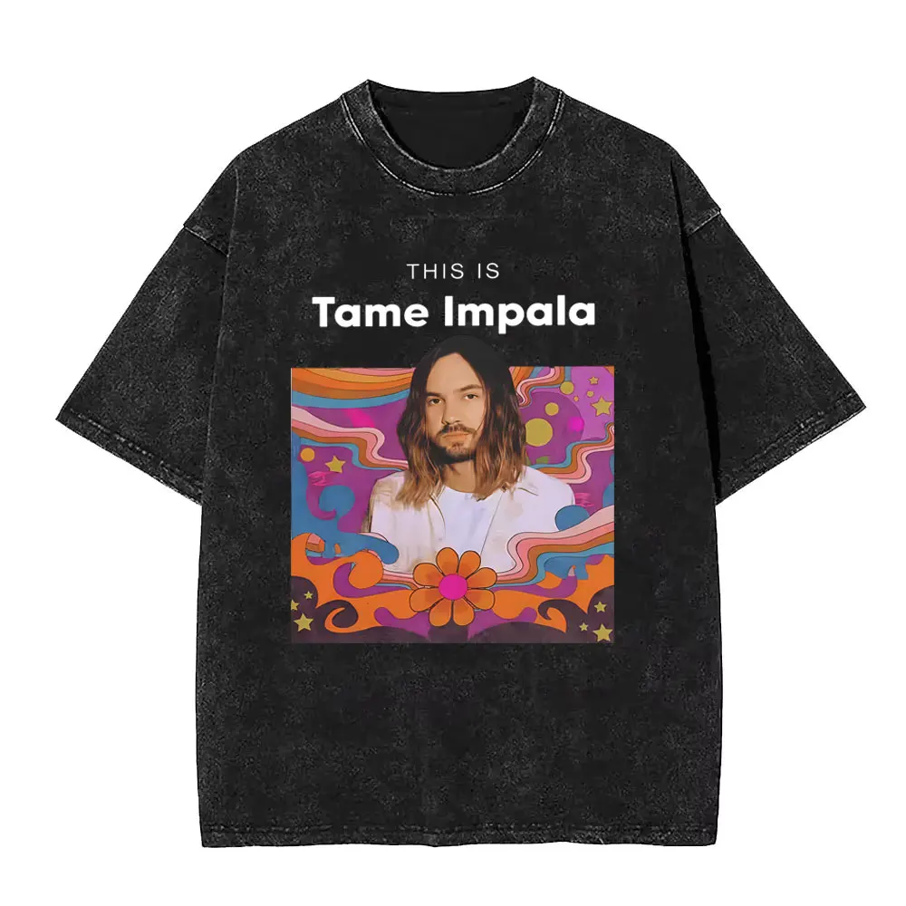 Washed Vintage Pop Rock Band Tame Impala Currents Graphic Print T Shirt Men's Women Casual Cotton Oversized Short Sleeve T-shirt