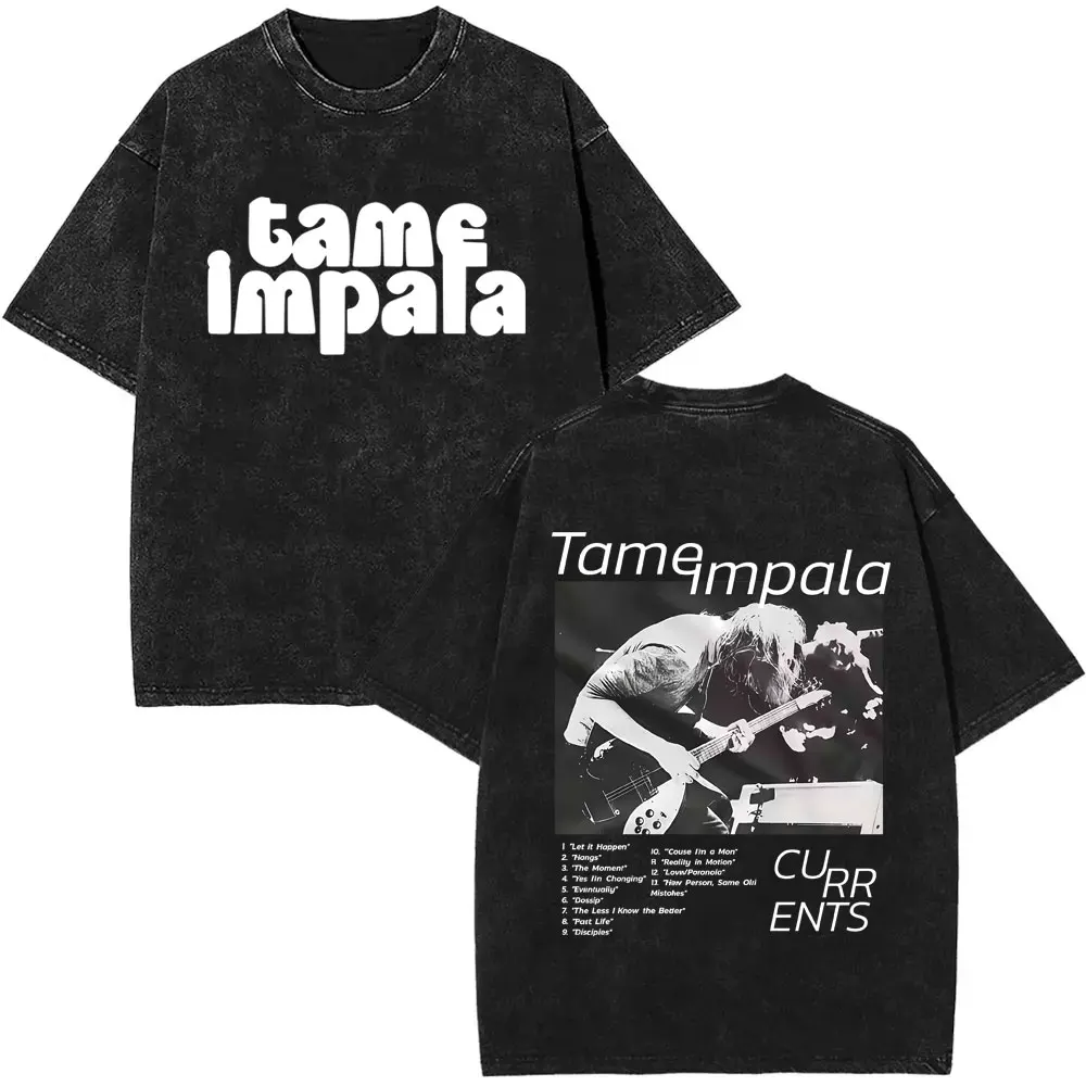 Washed Vintage Pop Rock Band Tame Impala Currents Graphic Print T Shirt Men's Women Casual Cotton Oversized Short Sleeve T-shirt