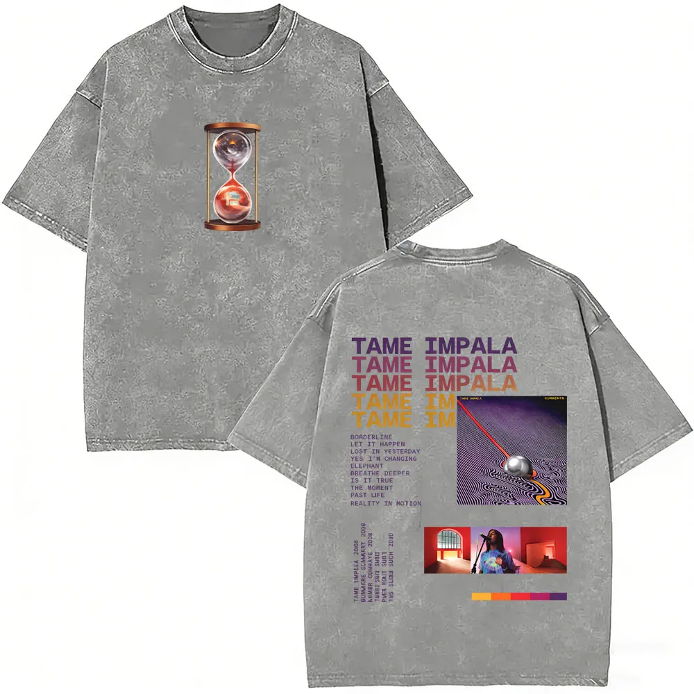 Washed Vintage Pop Rock Band Tame Impala Currents Graphic Print T Shirt Men's Women Casual Cotton Oversized Short Sleeve T-shirt