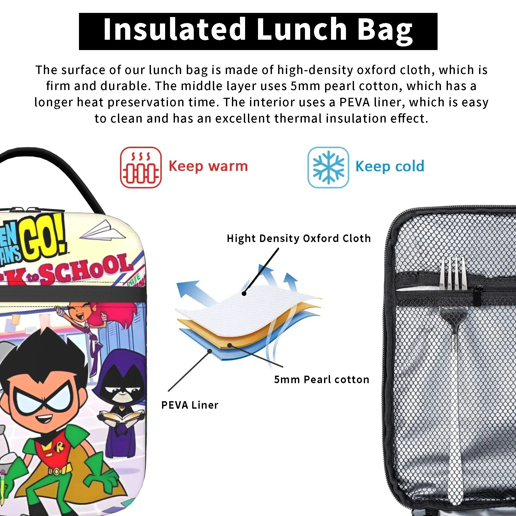 Teen Titans Go Team Comic Insulated Lunch Bag Thermal Bag Reusable,Meal Container Portable Tote Lunch Box Men Women Office
