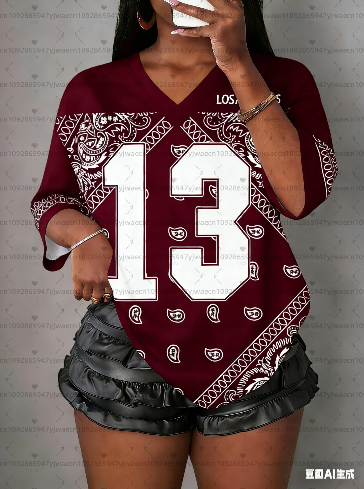 2026 Hot Selling Women NO.13 LOS ANGELES  Flower Paisley print V-Neck Short Sleeved baseball T-Shirt MEN Women Jersey T-Shirt
