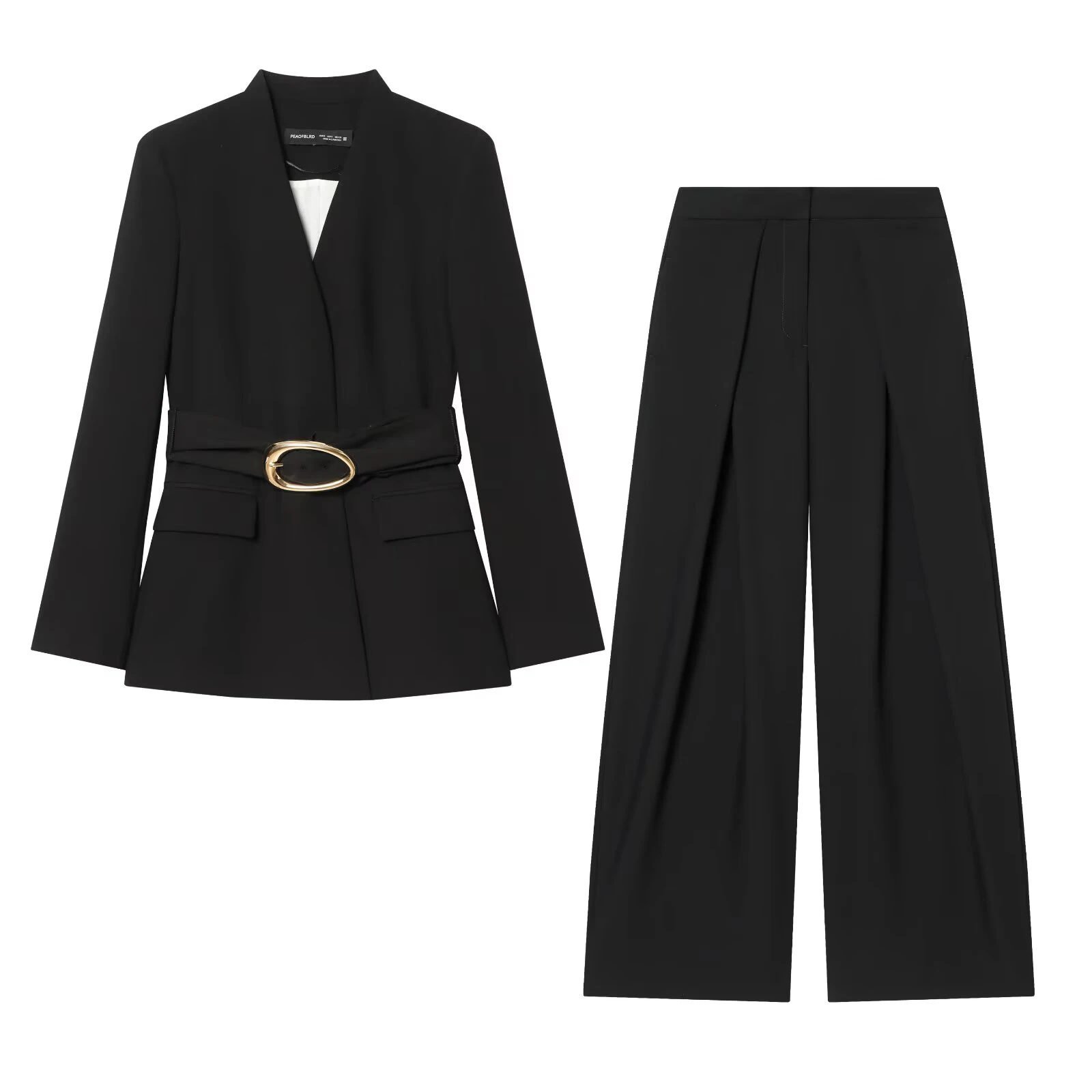 Spring and summer women's long sleeved gold buckle waistband suit jacket pleated pants set