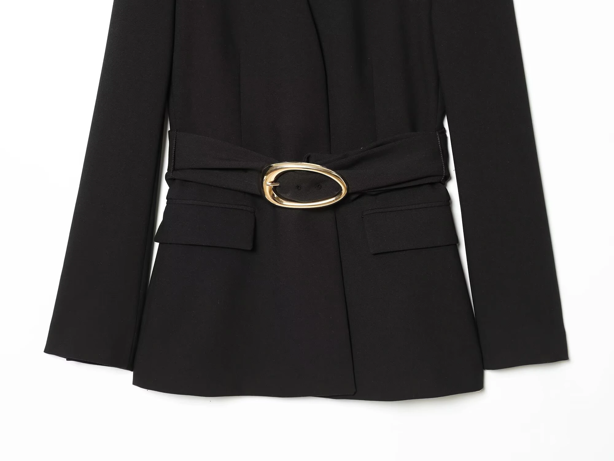Spring and summer women's long sleeved gold buckle waistband suit jacket pleated pants set