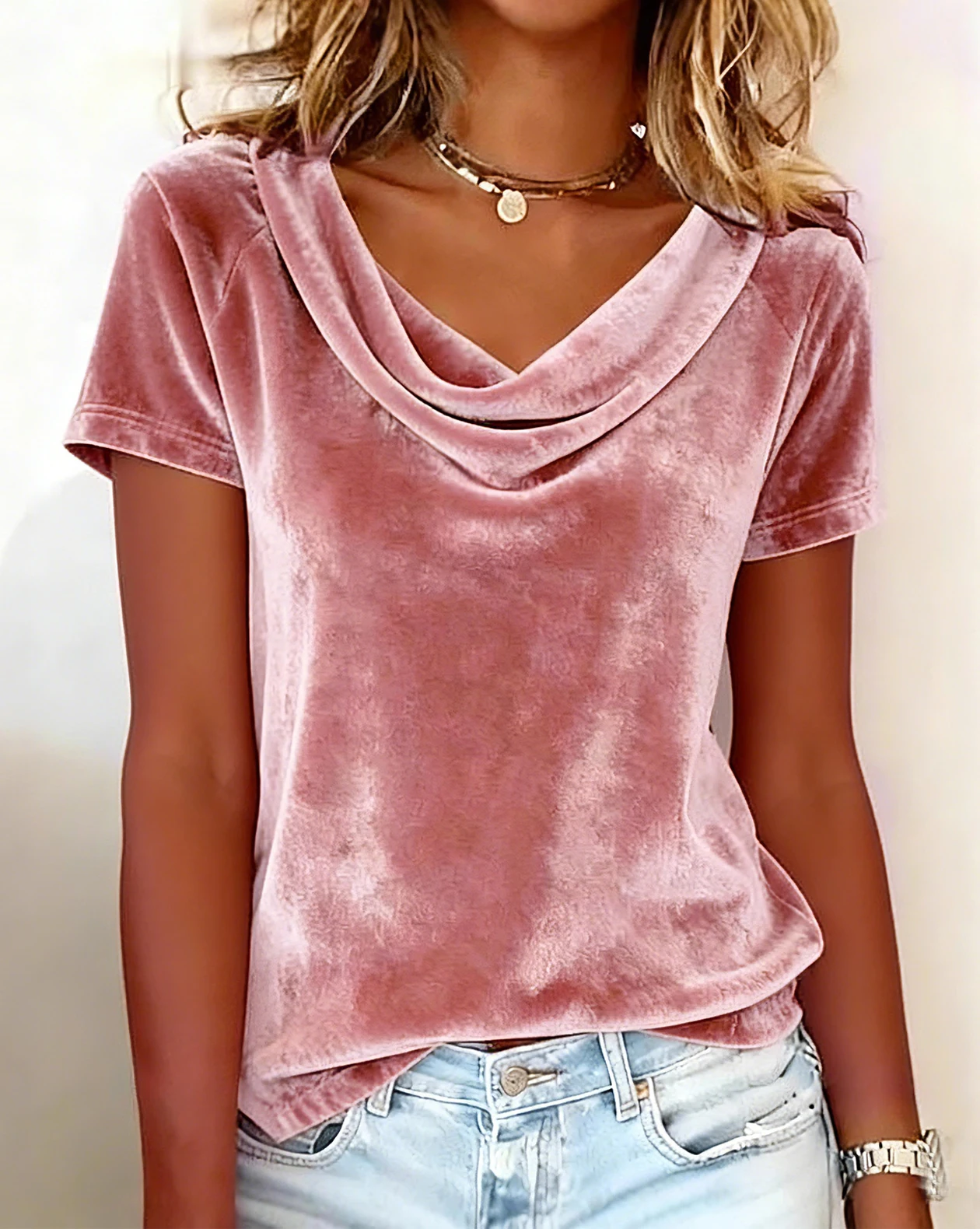 2026 New Women's Solid Color Casual Draped Neck Sexy Velvet Short Sleeve T-Shirt